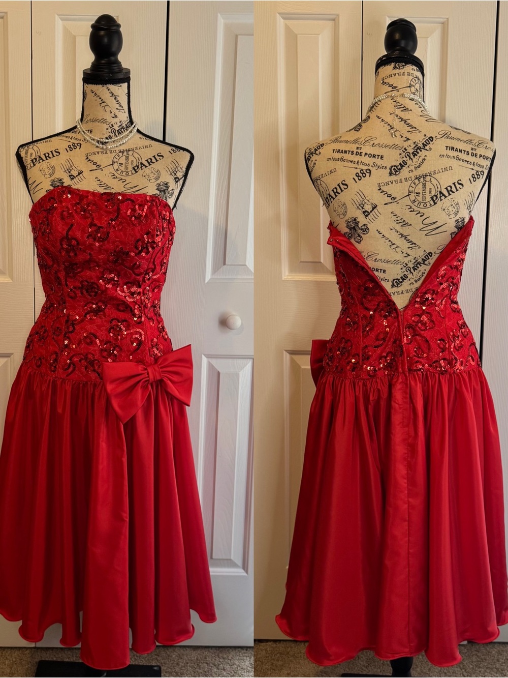 Red Strapless Sequin Party Dress with Bow